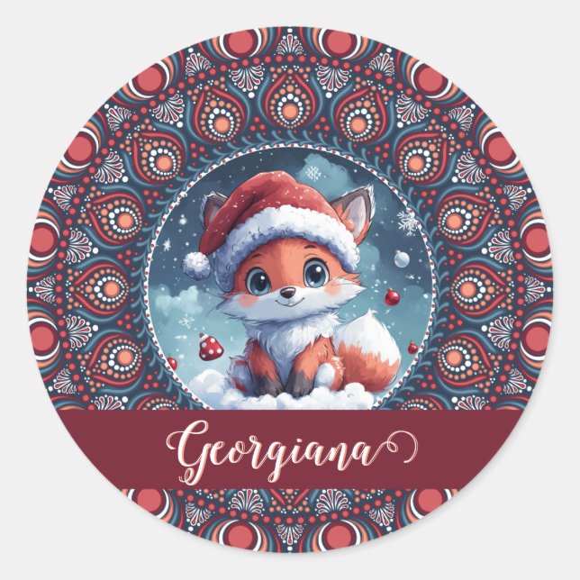 Pegatina Redonda Navidades personalizados Kawaii Fox Dot Mandala (Anverso)