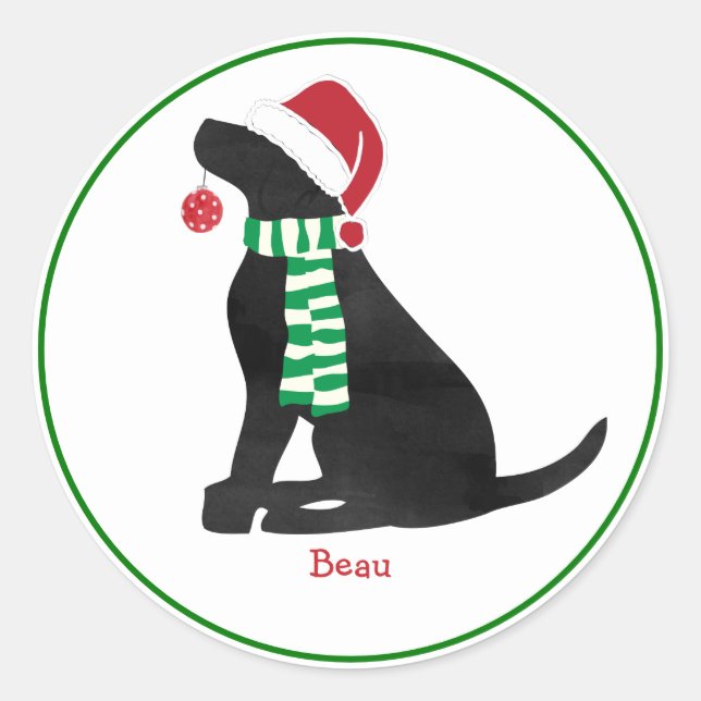 Pegatina Redonda Navidades personalizados perro de vacaciones negro (Anverso)