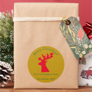 Pegatina Redonda Navidades personalizados Reindeer Head Red and Gol