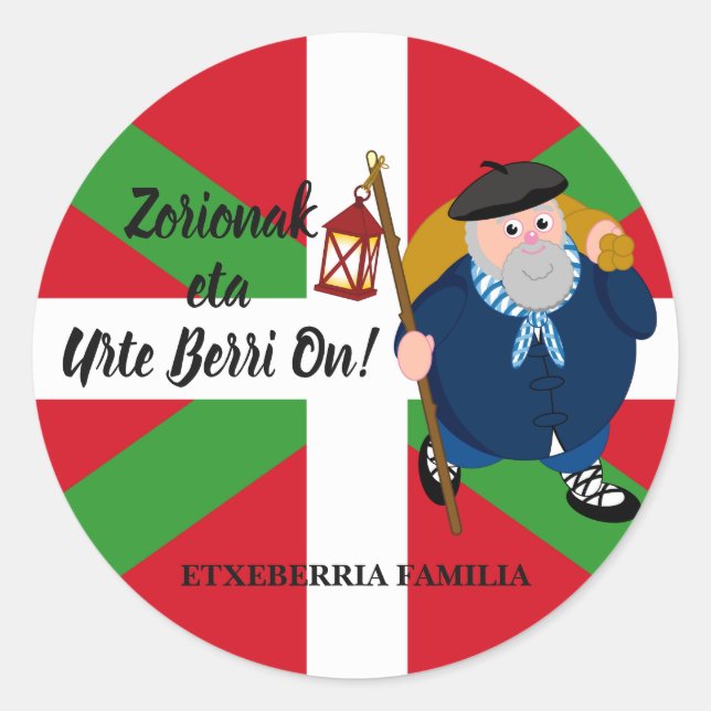 Pegatina Redonda Navidades personalizados saludan a Olentzero + Iku (Anverso)
