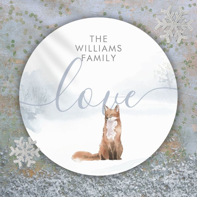 Pegatina Redonda Navidades personalizados Winter Woodland Fox (Personalized Christmas Winter Woodland Fox Classic Round Sticker)