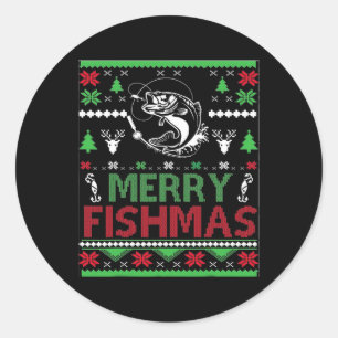 Pegatina Redonda Navidades Pesqueros Feo Por Aparato De Pescado