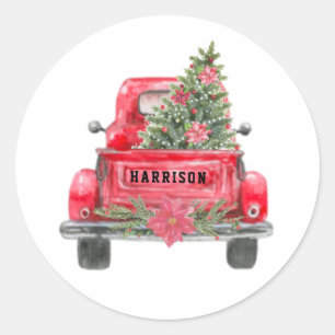 Pegatina Redonda Navidades Pine Tree de la familia Rustic Red Truck