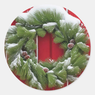 Pegatina Redonda Navidades Pine Wreath En Red Barn