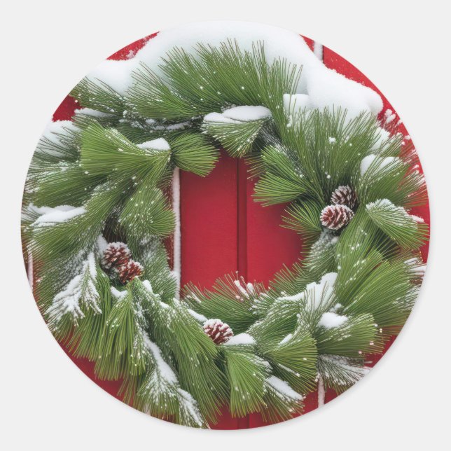 Pegatina Redonda Navidades Pine Wreath En Red Barn (Anverso)