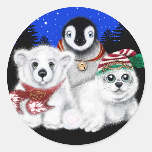 Pegatina Redonda Navidades pingüino bebé oso polar cachorro (Anverso)