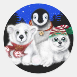 Pegatina Redonda Navidades pingüino bebé oso polar cachorro