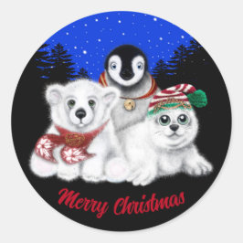 Pegatina Redonda Navidades pingüino bebé oso polar cachorro