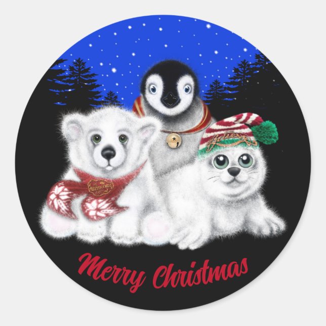 Pegatina Redonda Navidades pingüino bebé oso polar cachorro (Anverso)