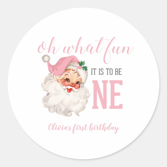 Pegatina Redonda Navidades Pink Santa First Birday (Anverso)