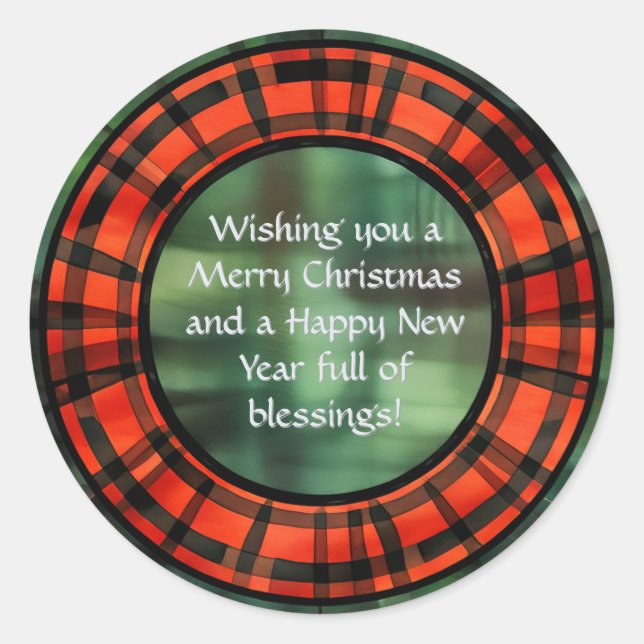 Pegatina Redonda Navidades Plaid Wreath (Anverso)