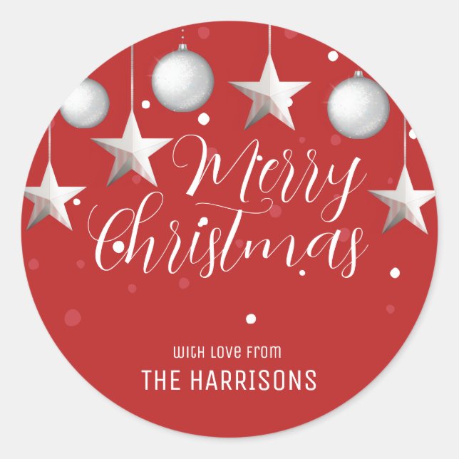 Pegatina Redonda Navidades plateados baubles rojo (Anverso)