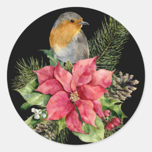 Pegatina Redonda Navidades Poinsettia con pájaro sobre negro