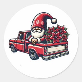 Pegatina Redonda Navidades Poinsettia Gnome en Camión Rojo