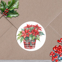 Pegatina Redonda Navidades Poinsettia Plant Watercolor Holiday