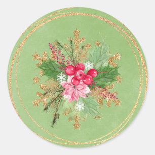 Pegatina Redonda Navidades Poinsettia Red Berry Gold Boda