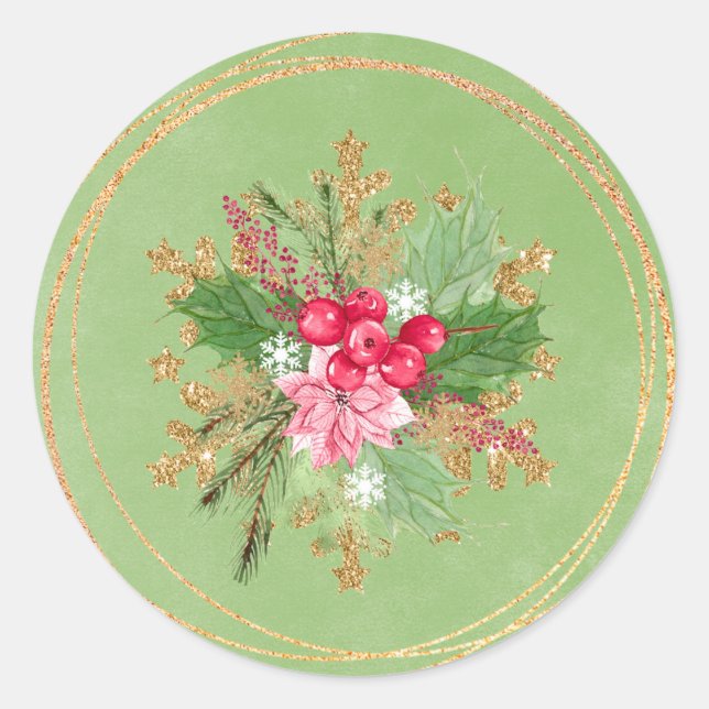 Pegatina Redonda Navidades Poinsettia Red Berry Gold Boda (Anverso)