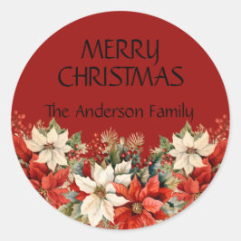 Pegatina Redonda Navidades Poinsettias Personalizado Nombre de la f