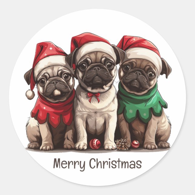 Pegatina Redonda Navidades Pug Dogs (Anverso)