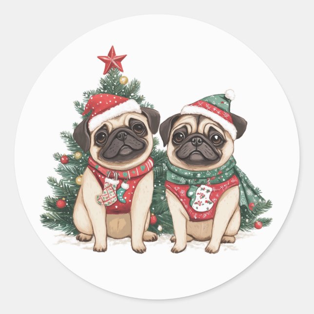 Pegatina Redonda Navidades Pug Dogs (Anverso)