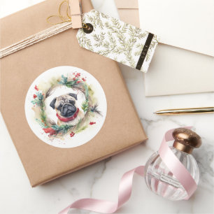 Pegatina Redonda Navidades Pug Wreath Festix Pup