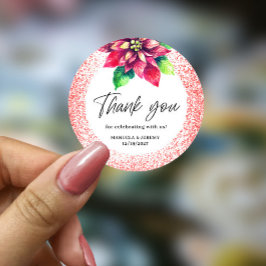 Pegatina Redonda Navidades Purpurina Rojo Poinsettia Gracias Boda