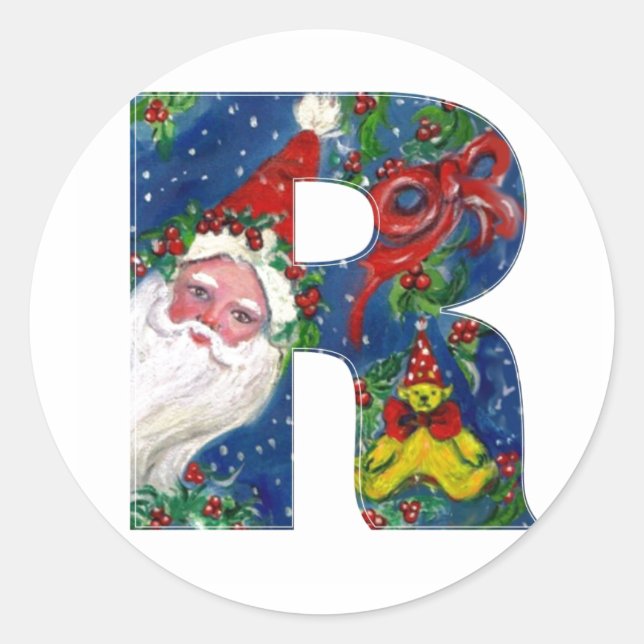 PEGATINA REDONDA NAVIDADES R LETTER / SANTA CLAUS CON RIBBON ROJO (Anverso)