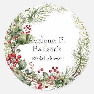 Pegatina Redonda Navidades Red Berries Pine Bridal Shower