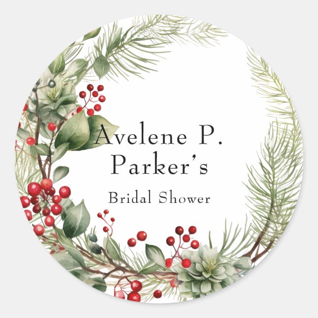 Pegatina Redonda Navidades Red Berries Pine Bridal Shower (Anverso)