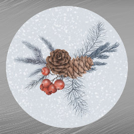 Pegatina Redonda Navidades Red Berries Pine Cones Acuarela