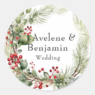 Pegatina Redonda Navidades Red Berries Pine Needles Wreath Boda