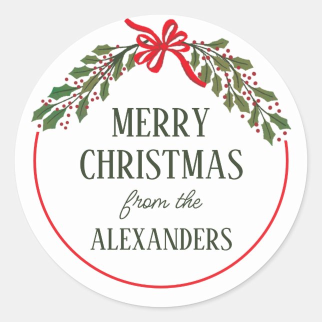 Pegatina Redonda Navidades Red Bow y Holly Garland (Anverso)