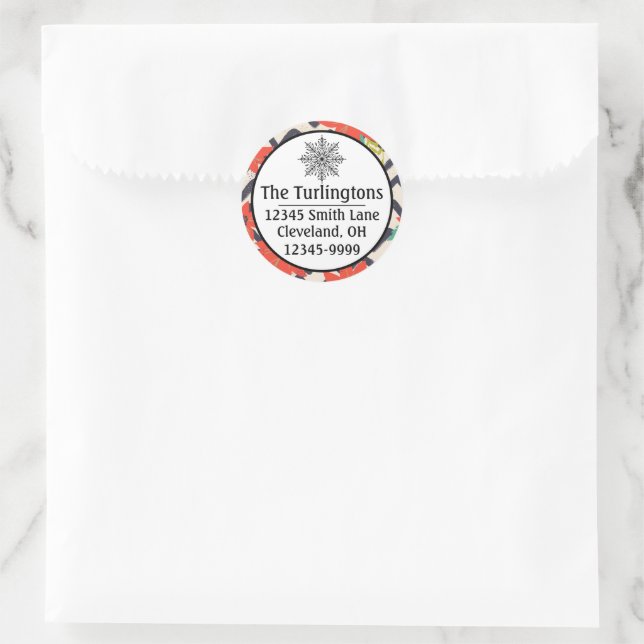 Pegatina Redonda Navidades Red Poinsettia Chevron Blanco y Negro (Bolso)