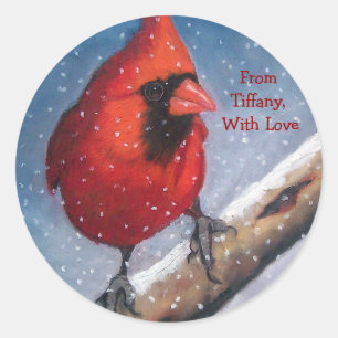PEGATINA REDONDA NAVIDADES REGALOS PEGATINAS: CARDINAL ROJO, NIEVE,