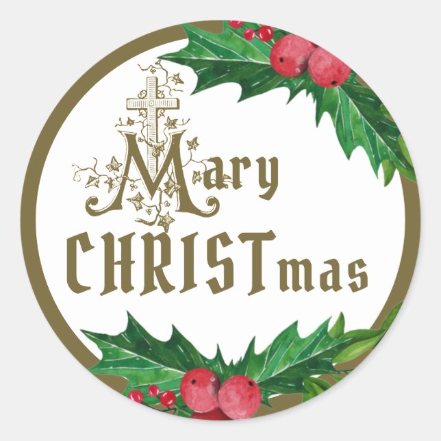 Pegatina Redonda Navidades religiosos Cruz Virgen María Católica (Anverso)