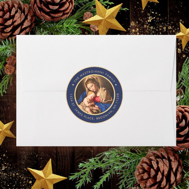 Pegatina Redonda Navidades religiosos de Madonna y niños devuelven  (Religious Christmas card address label with Madonna and Child in navy blue and gold for Catholics)