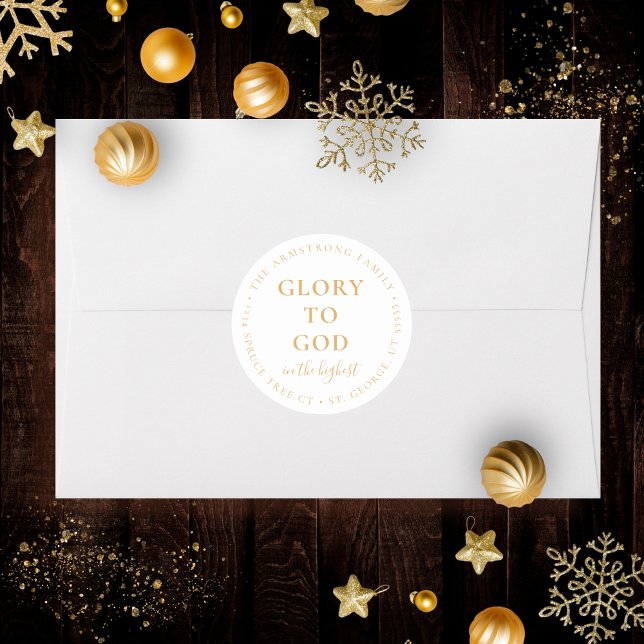 Pegatina Redonda Navidades religiosos de oro moderno regresan la di (Religious Christmas sticker with return address in gold and white with Bible verse)