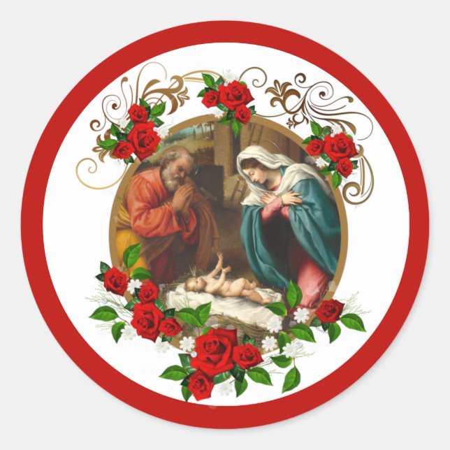 Pegatina Redonda Navidades religiosos Jesús María José Roses Rojo (Anverso)
