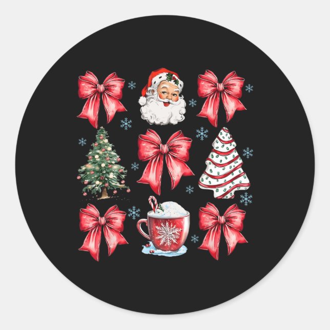 Pegatina Redonda Navidades Retro Coquette Bow Santa Coffee Hol (Anverso)