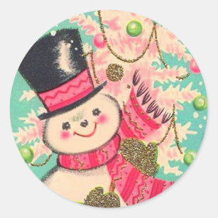 Pegatina Redonda Navidades retro curados Snowman