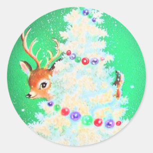 Pegatina Redonda Navidades retro cursi buscando venado bebé