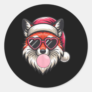 Pegatina Redonda Navidades Retro Fox Santa Hat Bombilla con