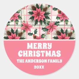 Pegatina Redonda Navidades Retro Rosado Plaid Floral Feliz Navidad