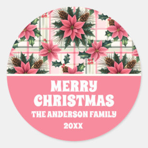 Pegatina Redonda Navidades Retro Rosado Plaid Floral Feliz Navidad