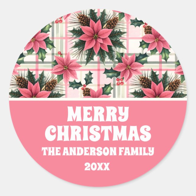 Pegatina Redonda Navidades Retro Rosado Plaid Floral Feliz Navidad (Anverso)