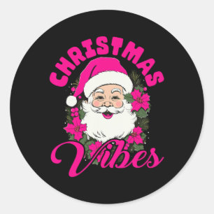 Pegatina Redonda Navidades Retro Vibes Pink Santa Claus Fun Xmas Wo