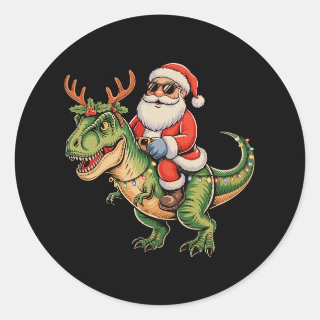 Pegatina Redonda Navidades Retro Xmas de Santa Riding Dinosaur T Re (Anverso)