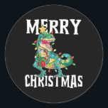 Pegatina Redonda Navidades Rex Pajamas Merry Christma<br><div class="desc">Navidades Árbol de Dinosaurios Rex Pajamas Feliz Niño de Navidad</div>