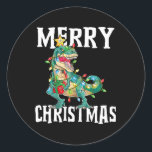 Pegatina Redonda Navidades Rex Pajamas Merry Christma<br><div class="desc">Navidades Árbol de Dinosaurios Rex Pajamas Feliz Niño de Navidad</div>