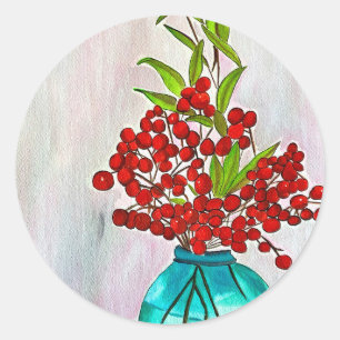Pegatina Redonda Navidades rojos Berries acuarela arte fino